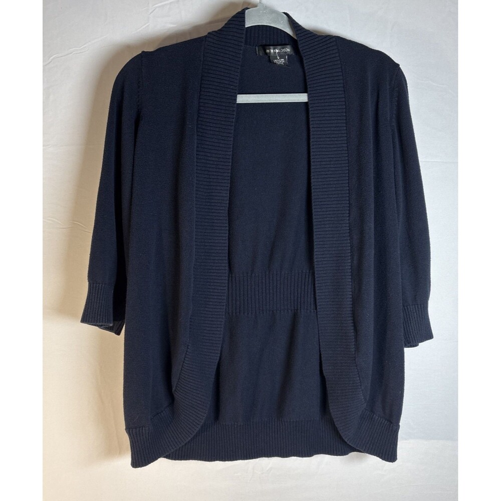 89th & Madison Womens L Navy Blue Open Front Cardigan 3/4 Sleeve Cozy Knit